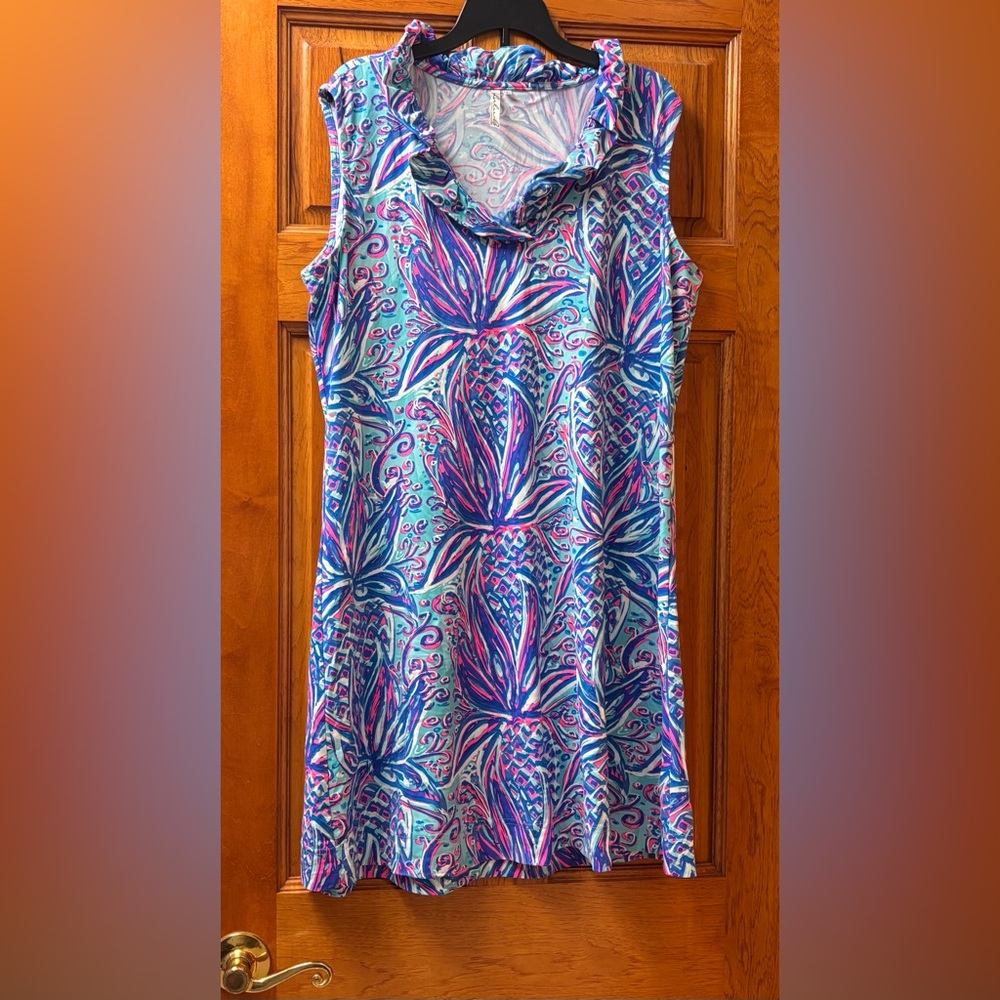 Lulu B Ruffle V-Neck Tunic Dress Pineapple Print Sleeveless Tropical Resort Sz L